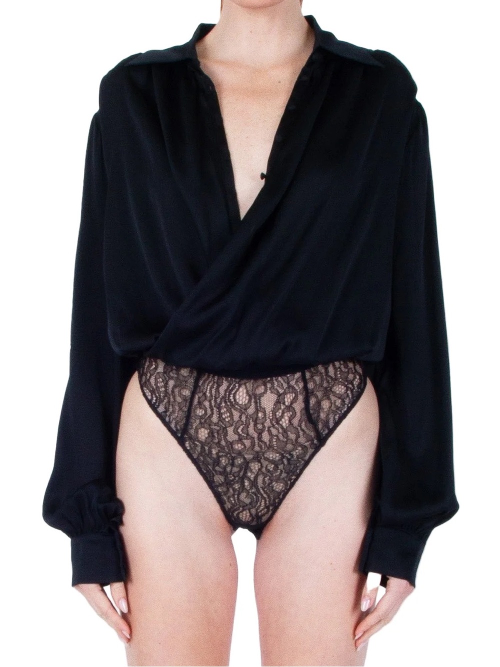 Kiki de Montparnasse Crossover Black Silk & Lace Bodysuit with Draped Wrap XS